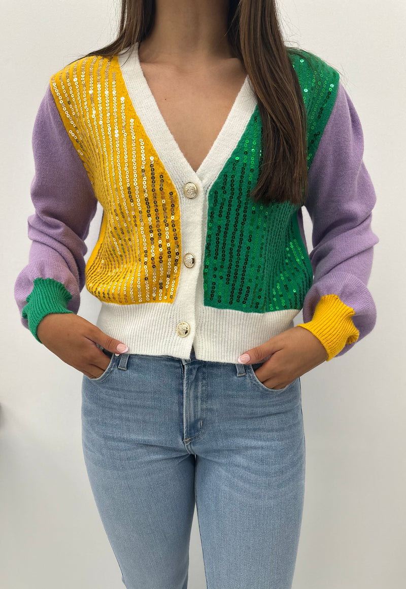 Mardi Gras Color Block Sequin Cardigan