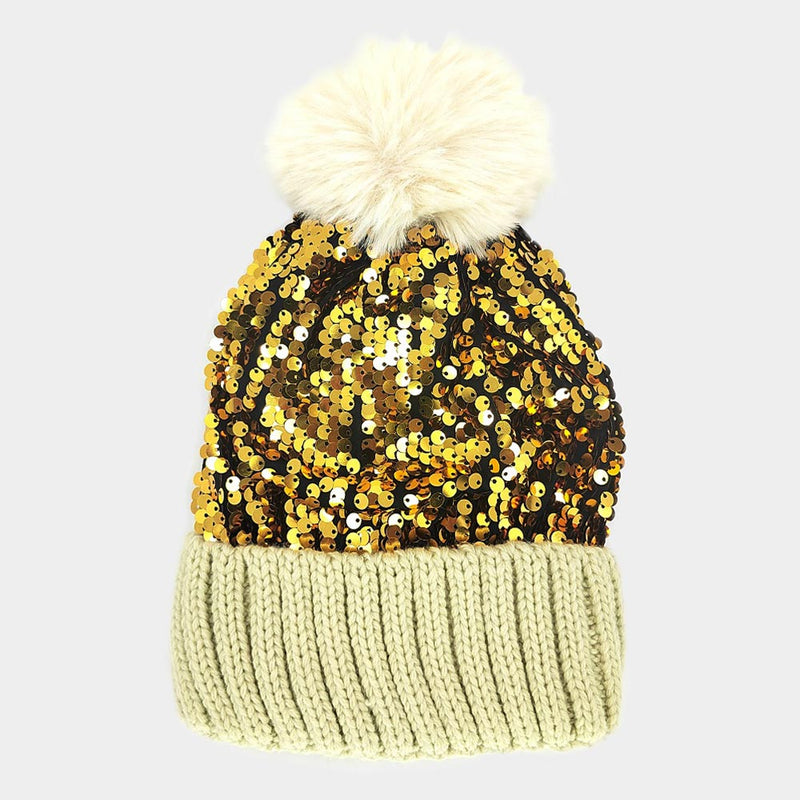 Gold Sequin Knit Beanie Hat