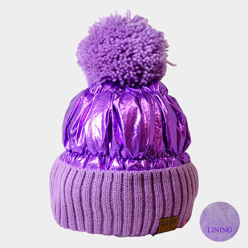 Purple Puffer Knit Beanie Hat