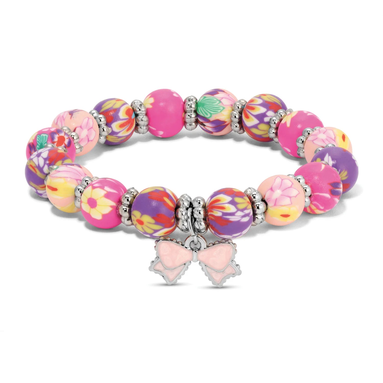 Pink & Purple w/Bow Charm Handcrafted Clay Bead Kids Bracelet