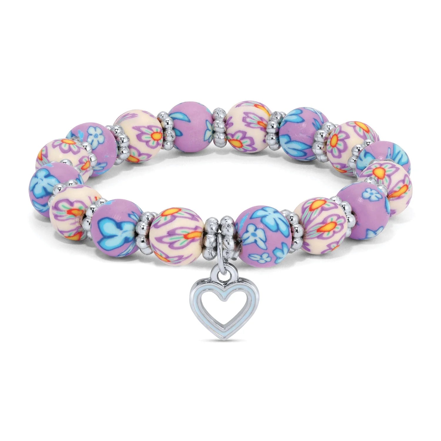 Light Purple and White w/Heart Charm Handcrafted Clay Bead Kids Bracelet