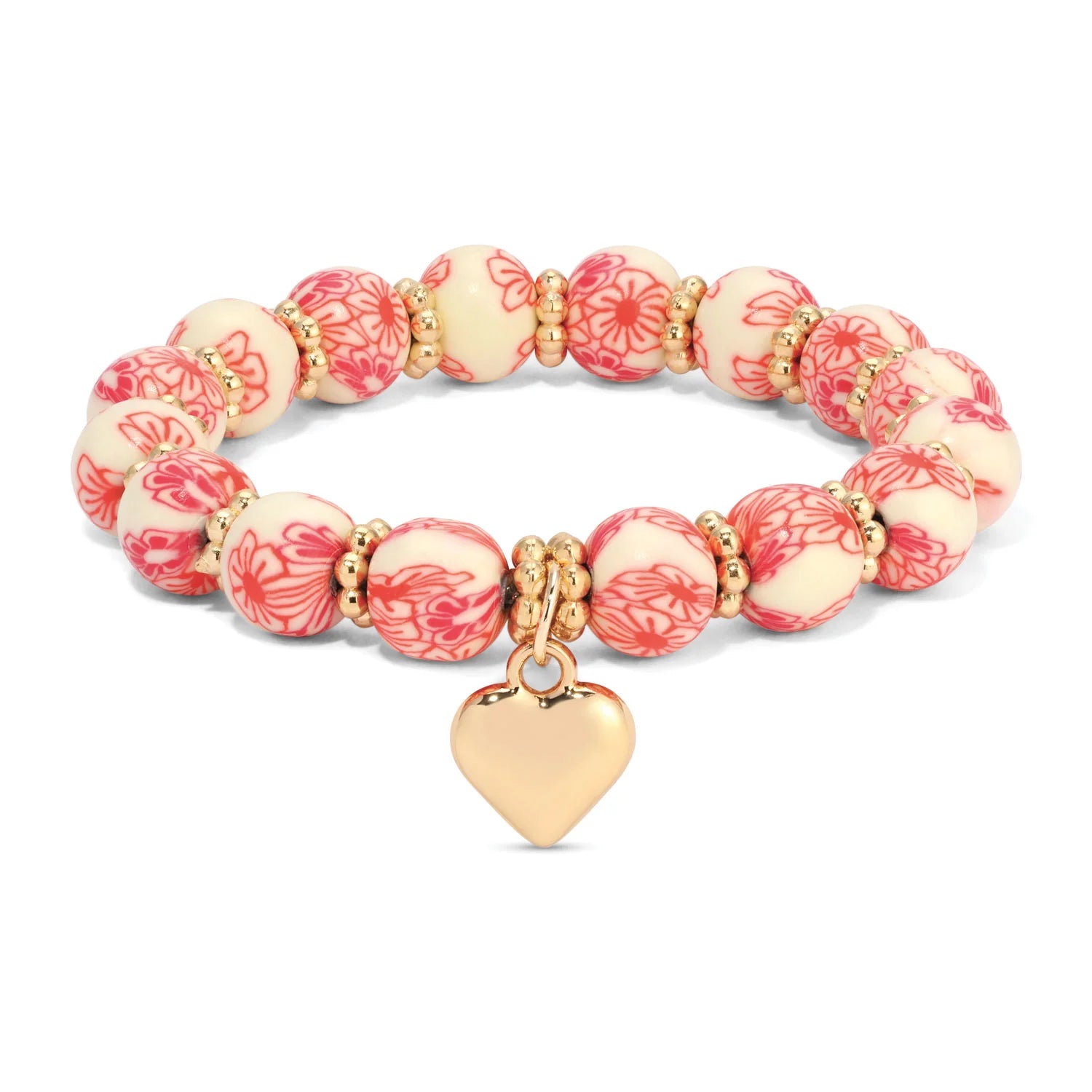 Cherry & White w/Heart Charm Handcrafted Clay Bead Kids Bracelet