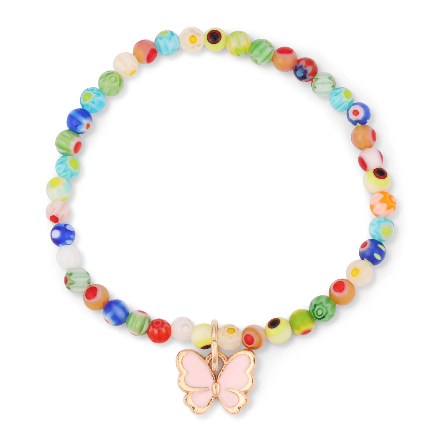 Millefiori Glass Bead w/Butterfly Charm Corded and Colorful Kids Bracelet