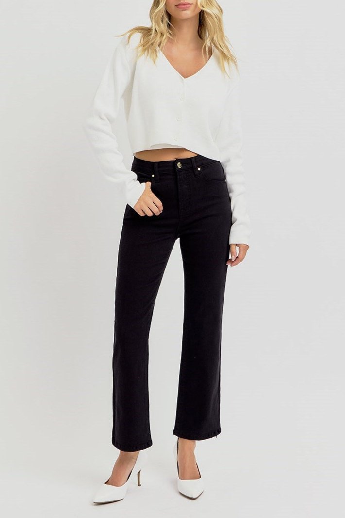 Risen Tummy Control HR Black Cropped Straight Jeans