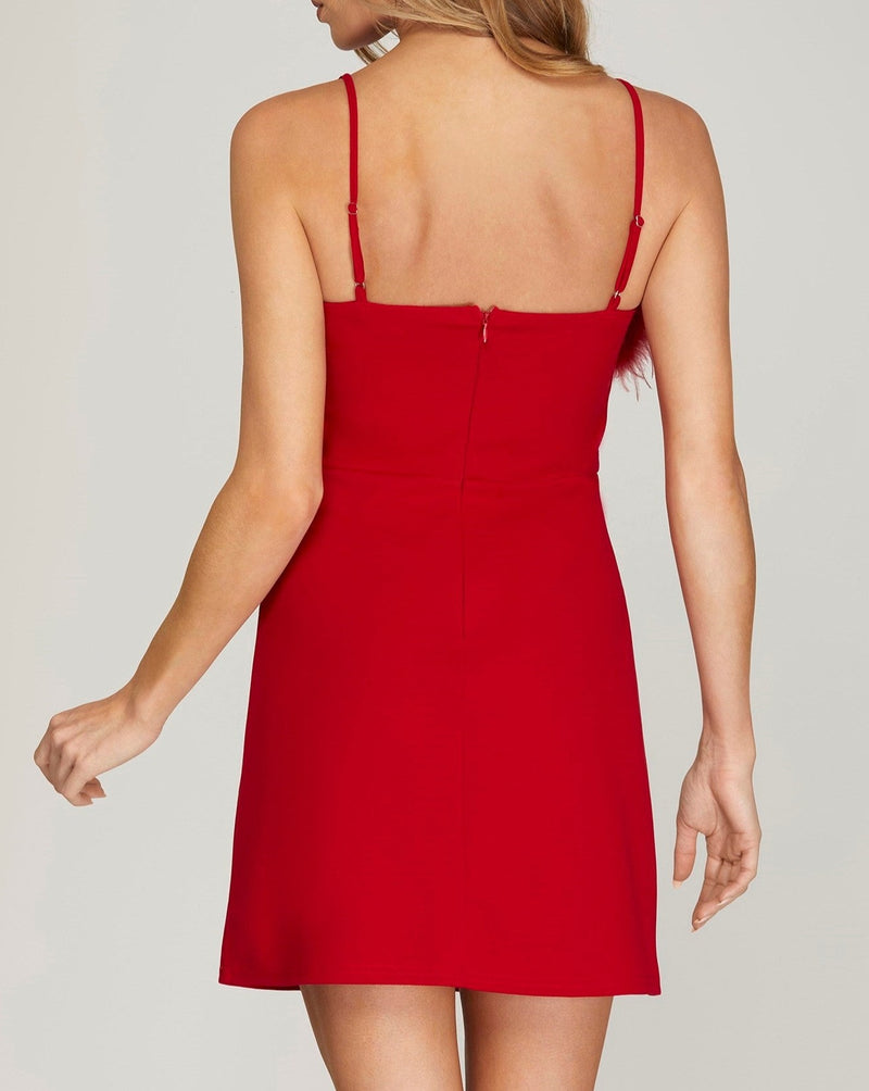 Red Feather Trim Dress