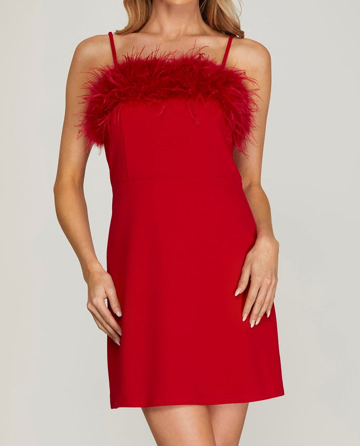 Red Feather Trim Dress