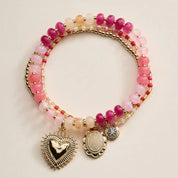 Beaded Heart Charm Stretch Bracelet Set Pink