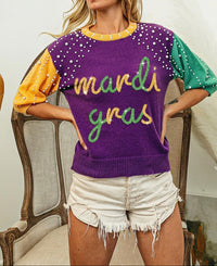 Mardi Gras Color Block Pearl Sweater