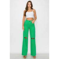 Green HW Wide Leg Distressed Jeans