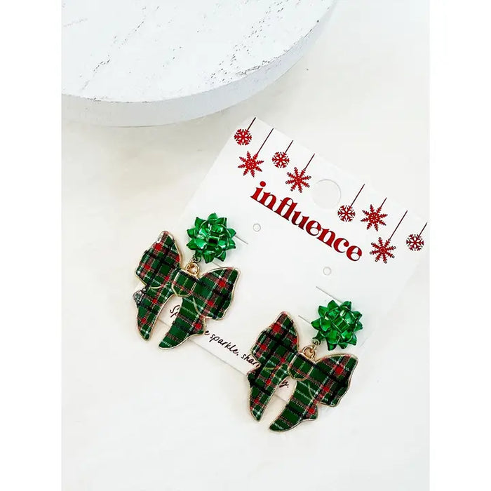 Plaid Christmas Bow Earrings