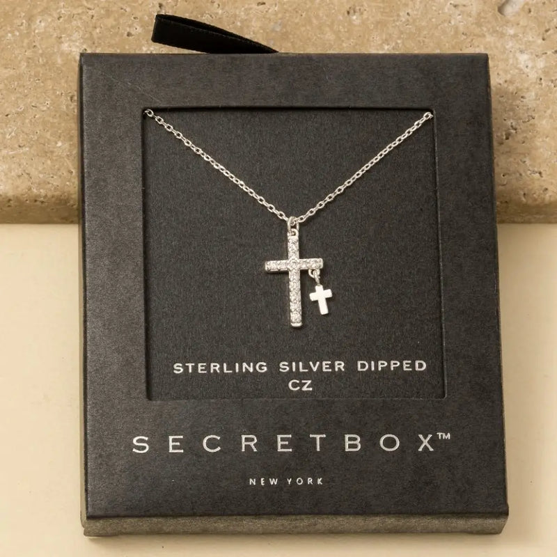 Double Cross Silver Pendant Necklace