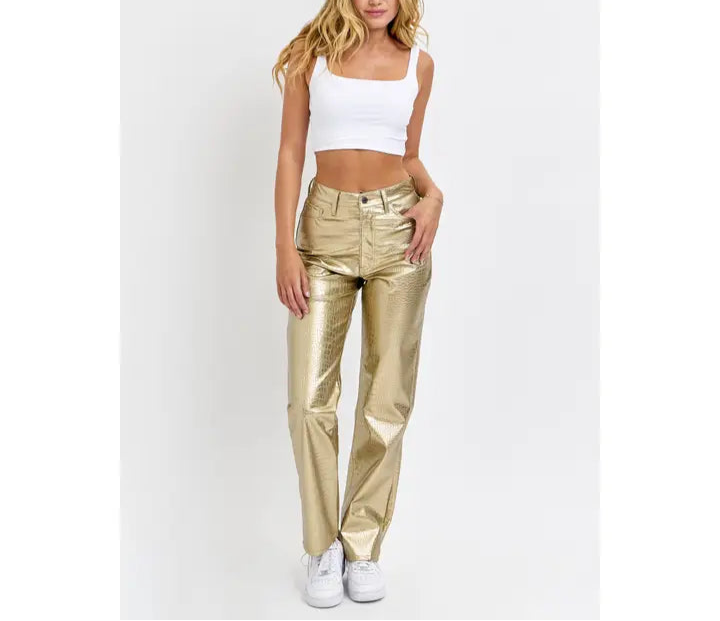 Gold Faux Leather Dad Pants