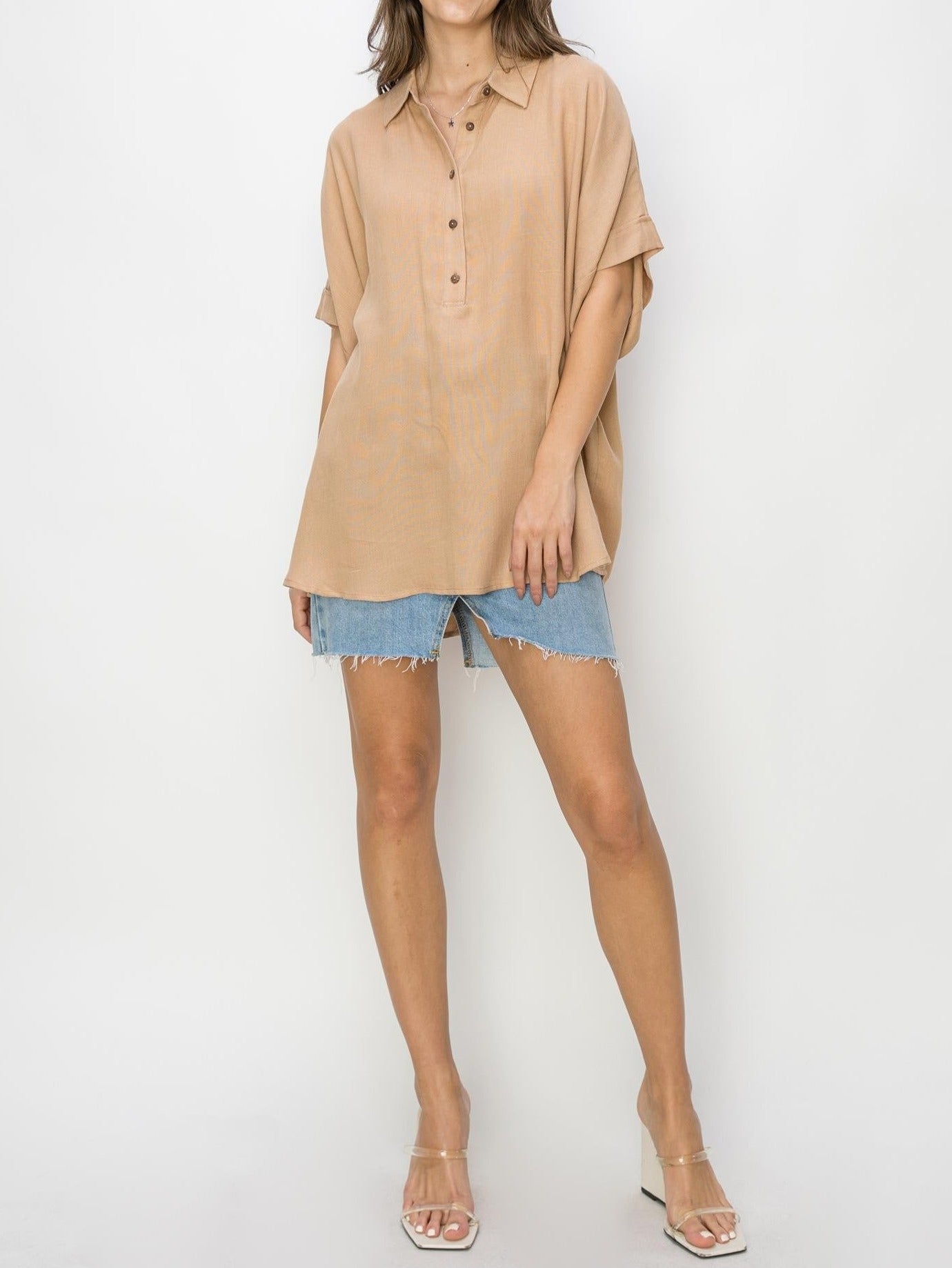 Oversized Collared Half Button Down Top