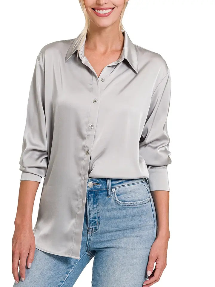 Harmony Satin Button Top Grey