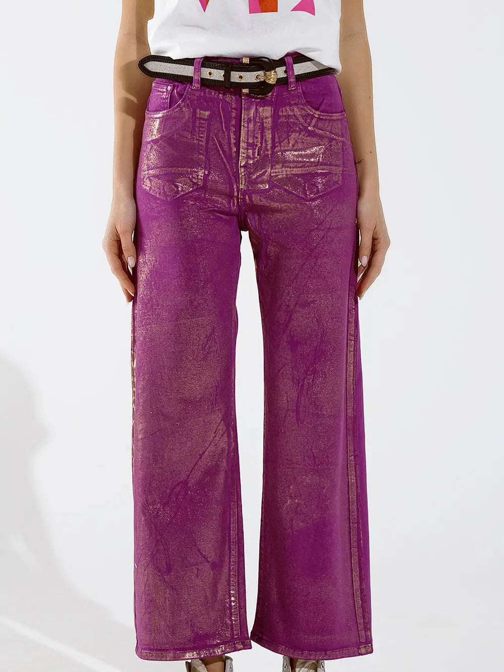 Purple & Gold Metallic Wide Leg Jeans