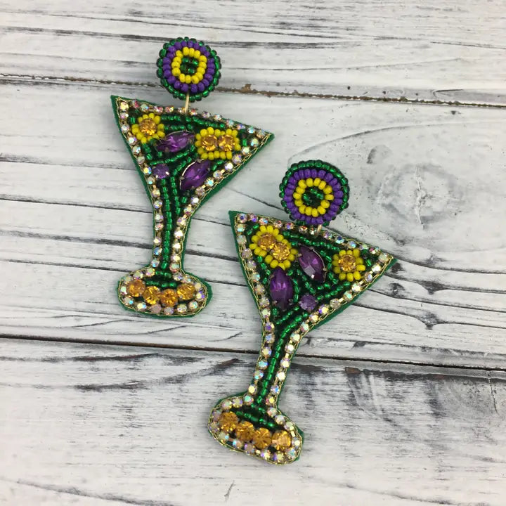 Mardi Gras Beaded Martini Glass Earrings