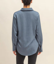 Emi Dusty Navy Satin Button Up