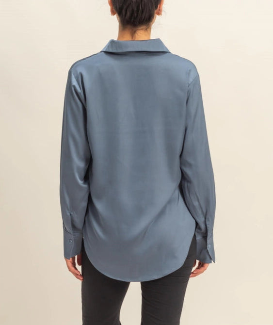 Emi Dusty Navy Satin Button Up