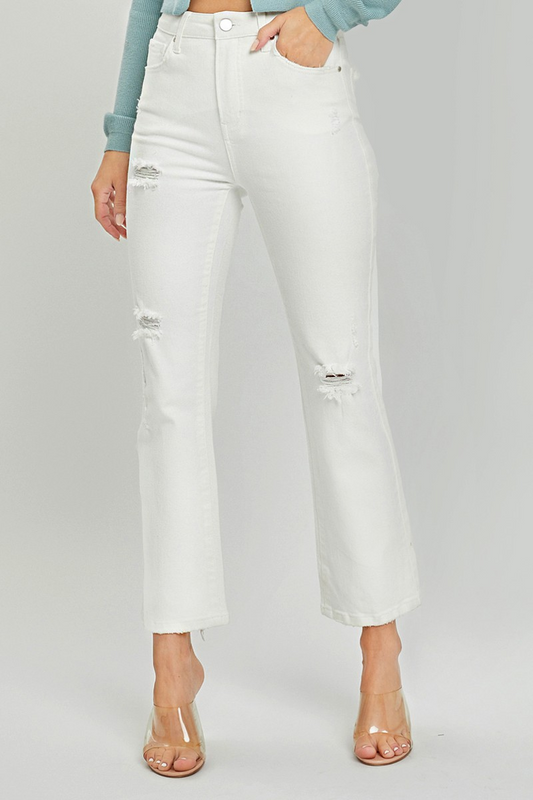 Tummy Control Distressed White Straight Jeans