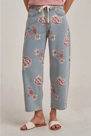 Floral Print Wide Leg Denim Jeans