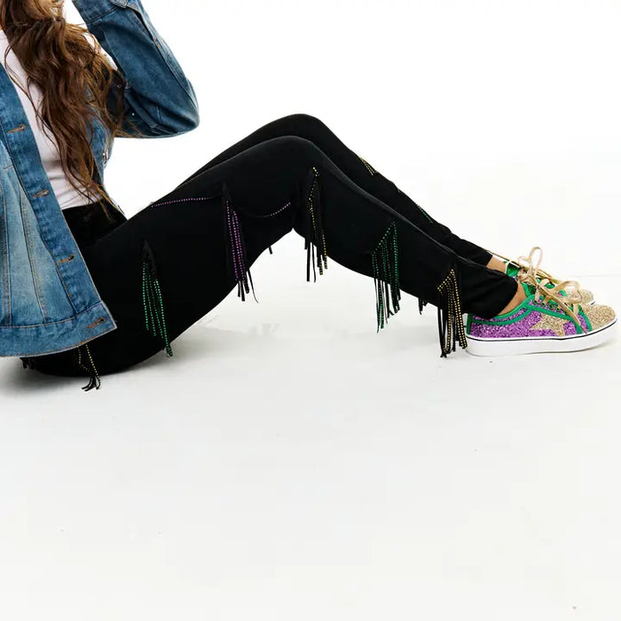 Mardi Gras Rhinestone Tassel Leggings