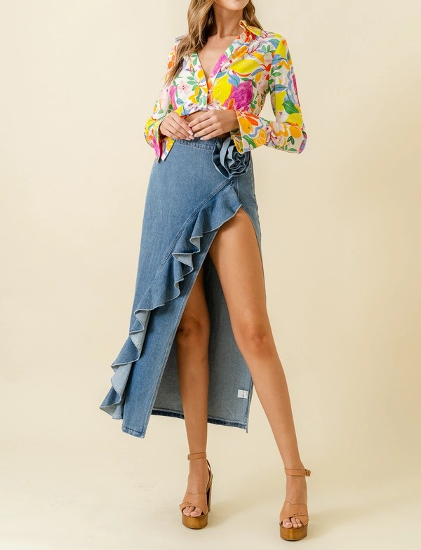 Flower Ruffle Denim Maxi Skirt