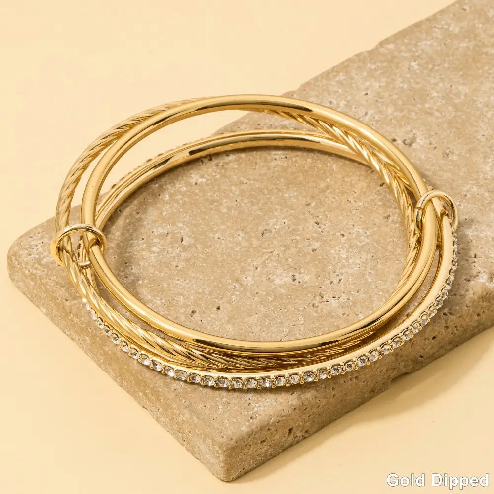 Stackable Gold-Dipped Stainless Steel CZ Bangles Set