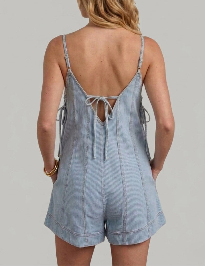 Striped Denim Tie-Back Romper