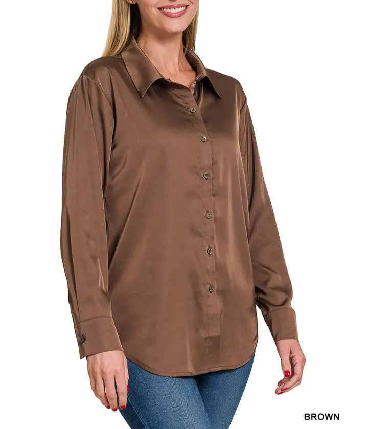 Harmony Satin Button Top Brown