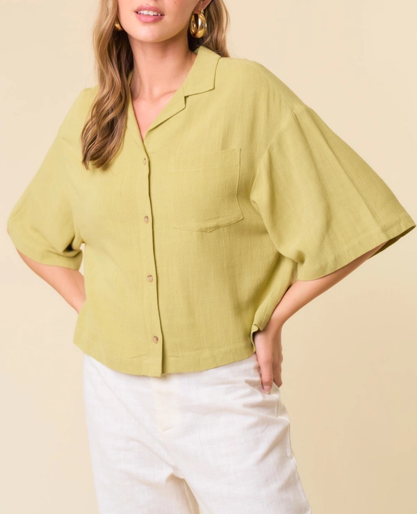 Linen Cropped Button Up Shirt