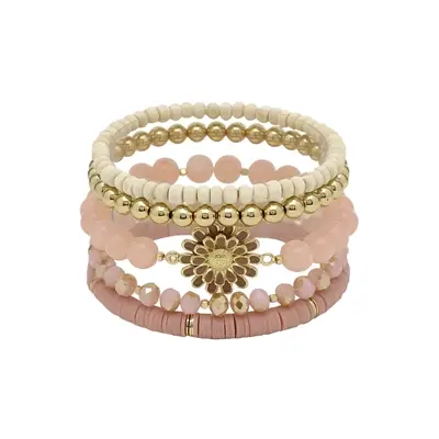 Pink Crystal & Flower Gold Bracelet Stack