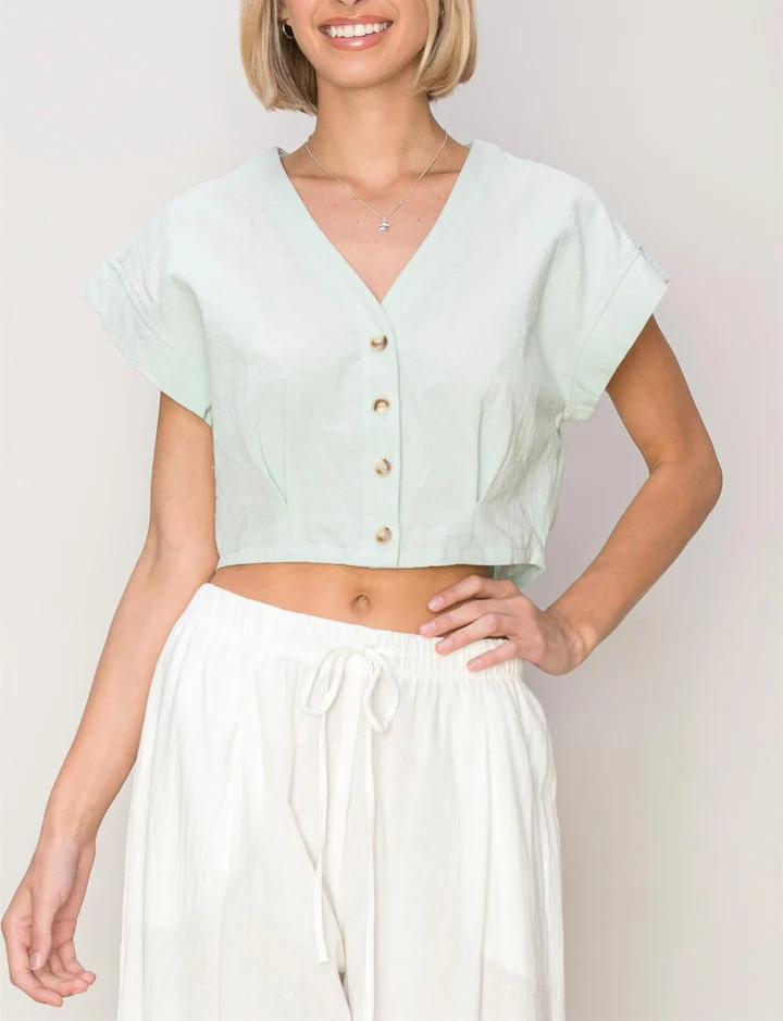 V-Neck Button Crop Top