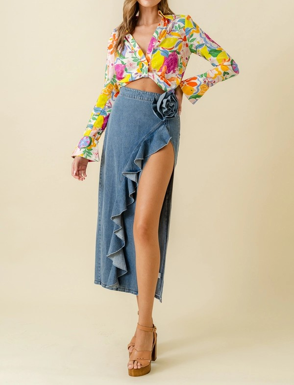 Flower Ruffle Denim Maxi Skirt