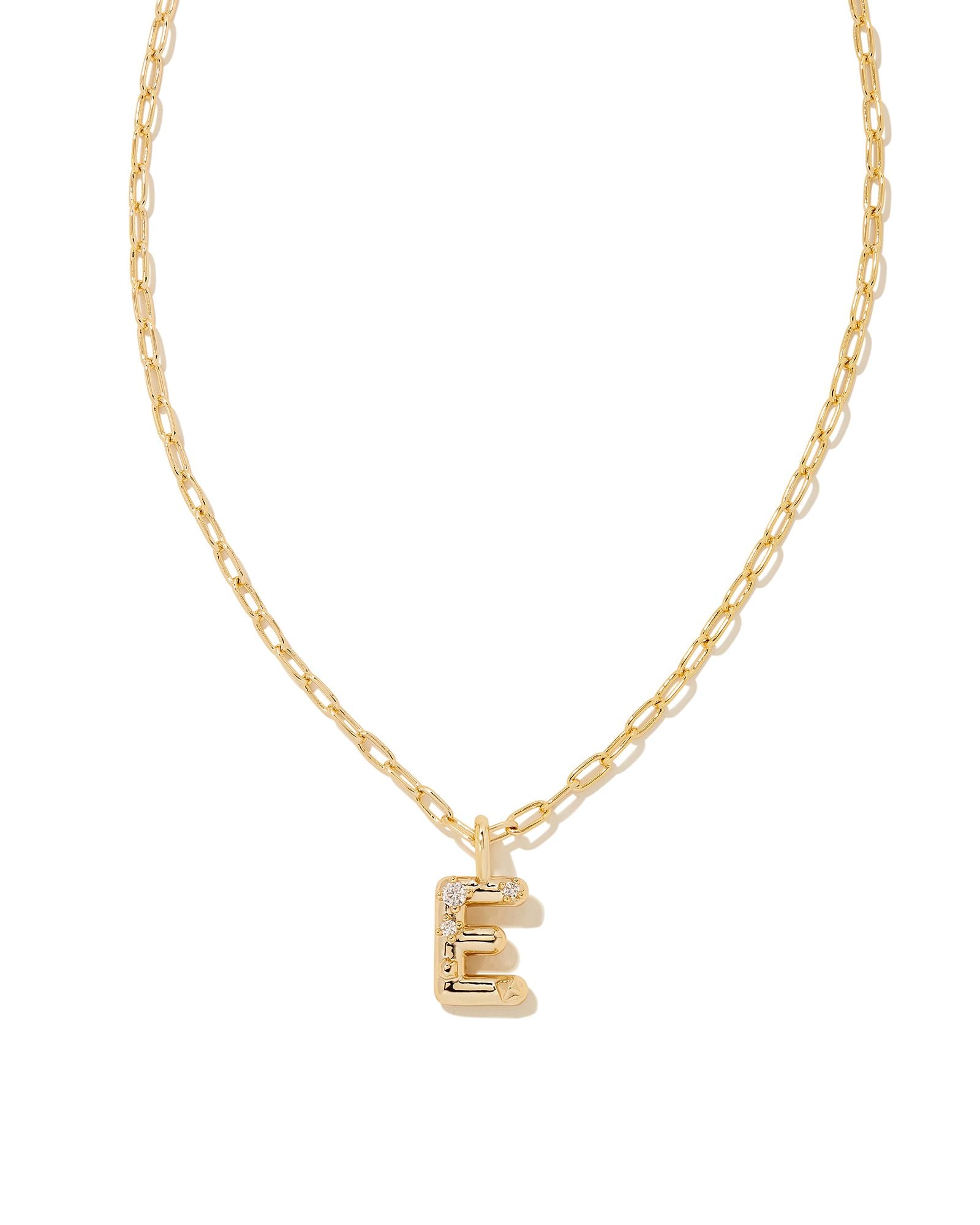 CRYSTAL LETTER E SHORT PENDANT NECKLACE GOLD WHITE CZ