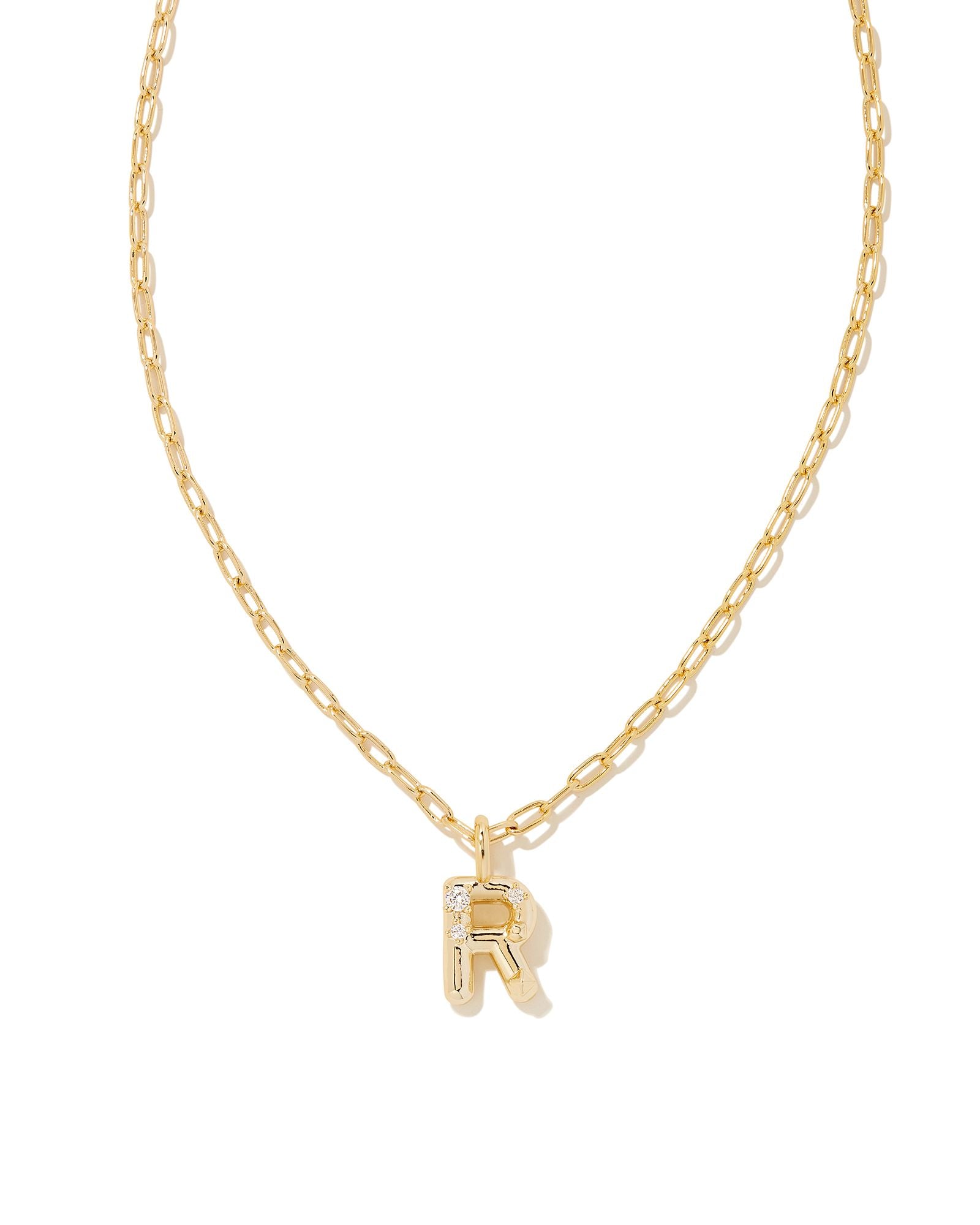 CRYSTAL LETTER R SHORT PENDANT NECKLACE GOLD WHITE CZ