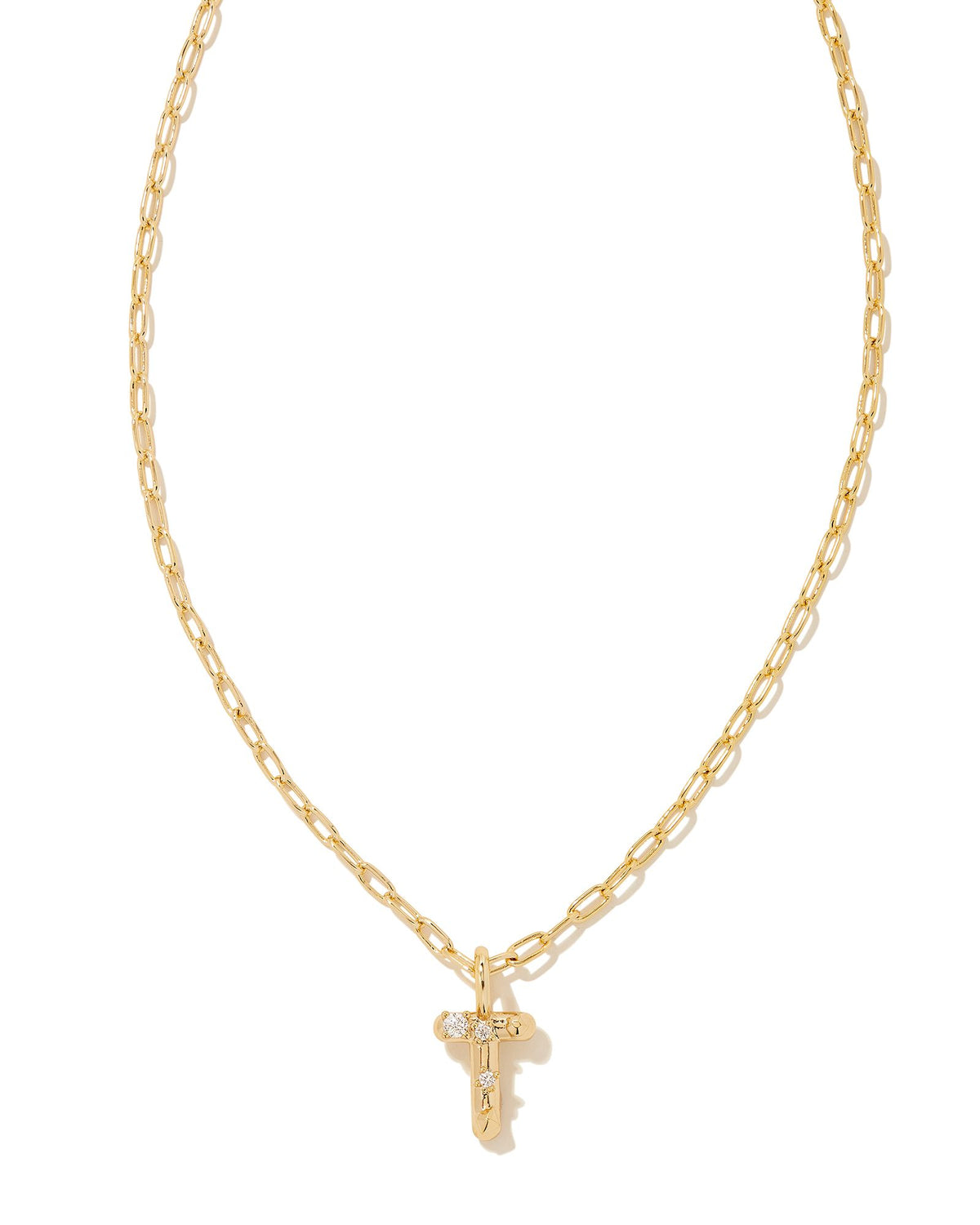 CRYSTAL LETTER T SHORT PENDANT NECKLACE GOLD WHITE CZ