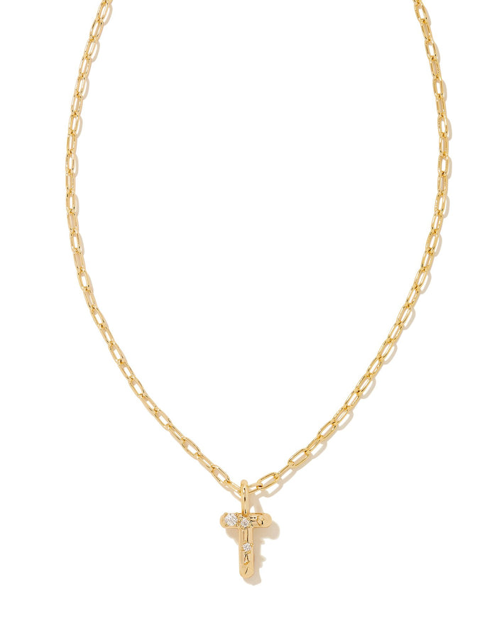 CRYSTAL LETTER T SHORT PENDANT NECKLACE GOLD WHITE CZ