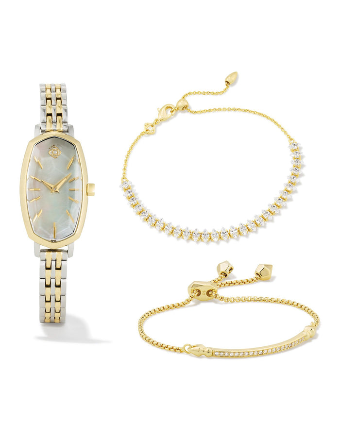 FACETED ELLE WATCH & BRACELET GIFT SET TWO TONE IVORY MOTHER OF PEARL