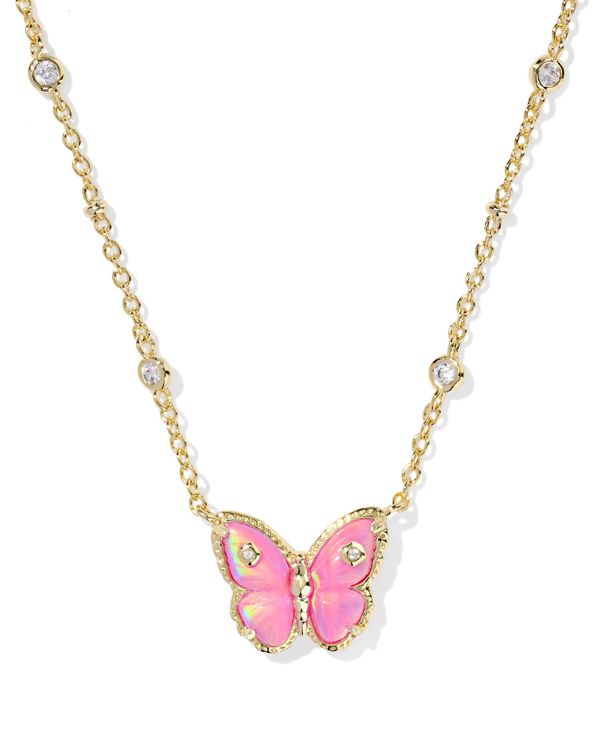 CAILEY BUTTERFLY SHORT PENDANT NECKLACE GOLD PINK OPALESCENT RESIN