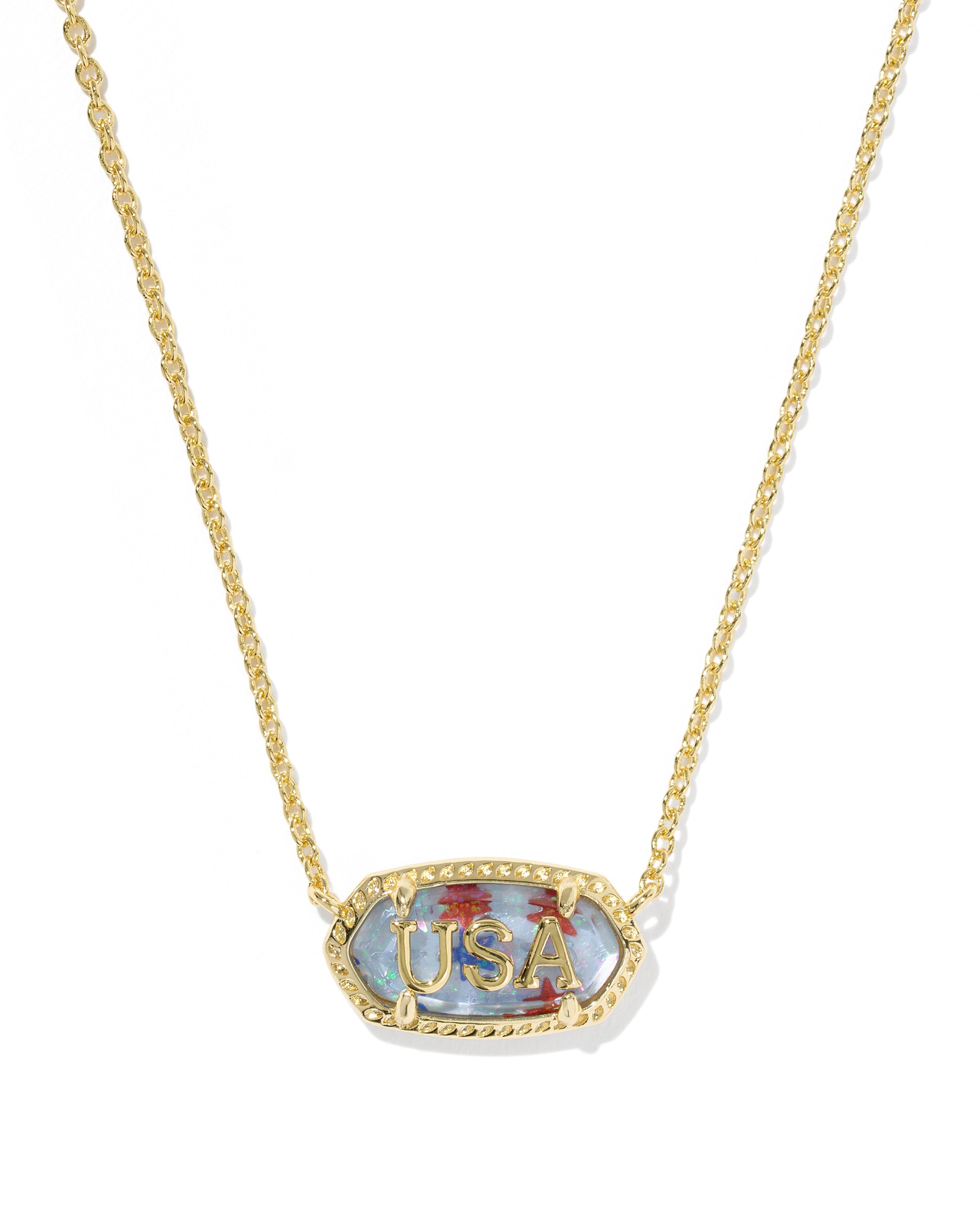 ELISA USA SHORT PENDANT NECKLACE GOLD RED WHITE BLUE STAR ILLUSION