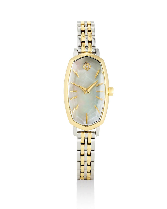 FACETED ELLE WATCH & BRACELET GIFT SET TWO TONE IVORY MOTHER OF PEARL