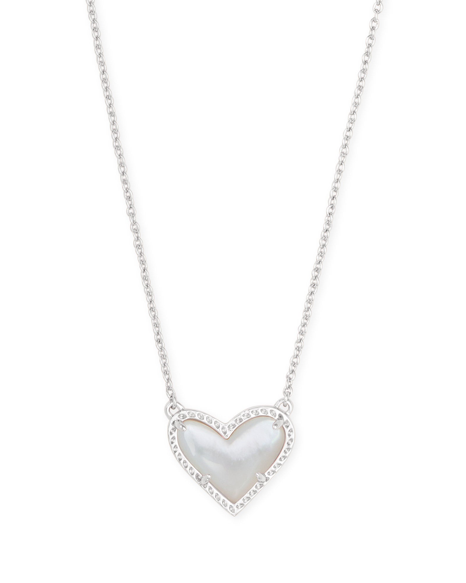 ARI HEART SHORT PENDANT NECKLACE RHODIUM IVORY MOTHER OF PEARL