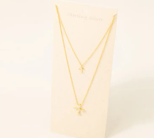 Sterling Silver Double Cross Layered Necklace
