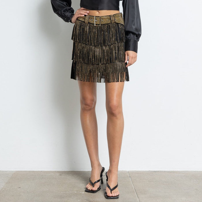 Morgan Black/Gold Metallic Fringe Skirt