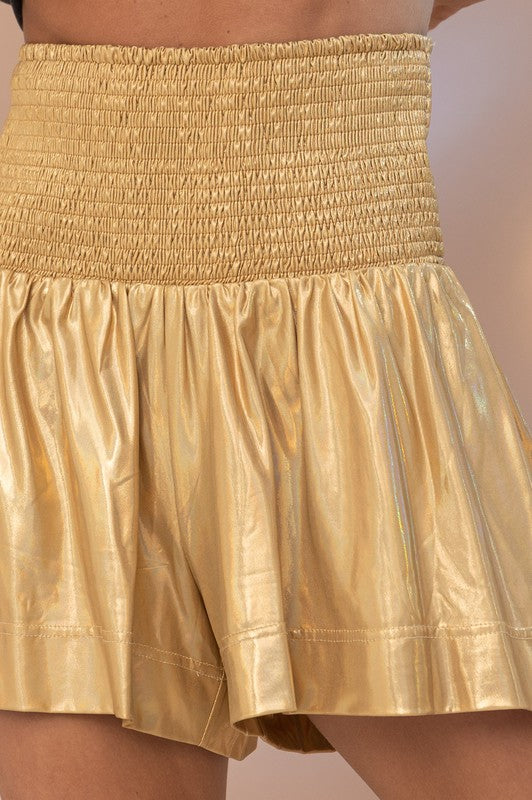 Smocked Waist Metallic Golden Shorts