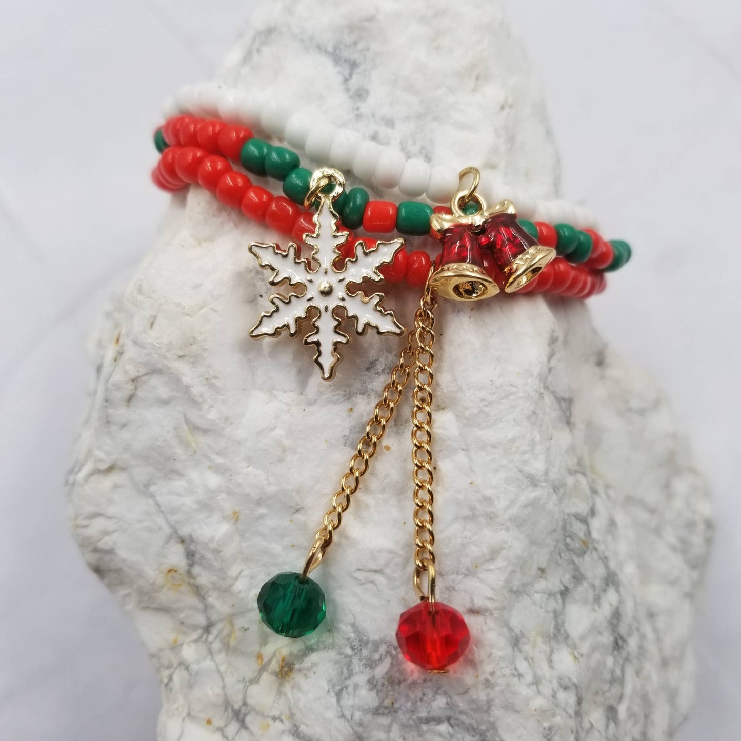 Snow and Bell Beaded Christmas Bracelet Stack