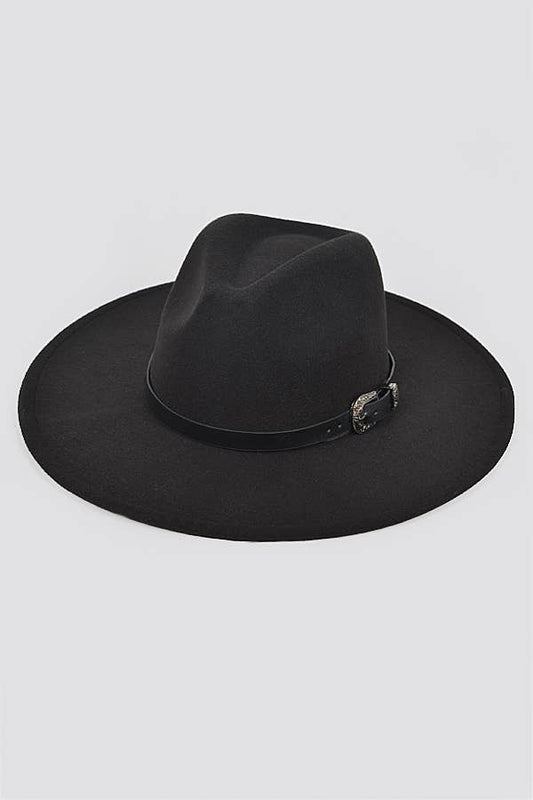 Black Leather Buckle Detail Fedora
