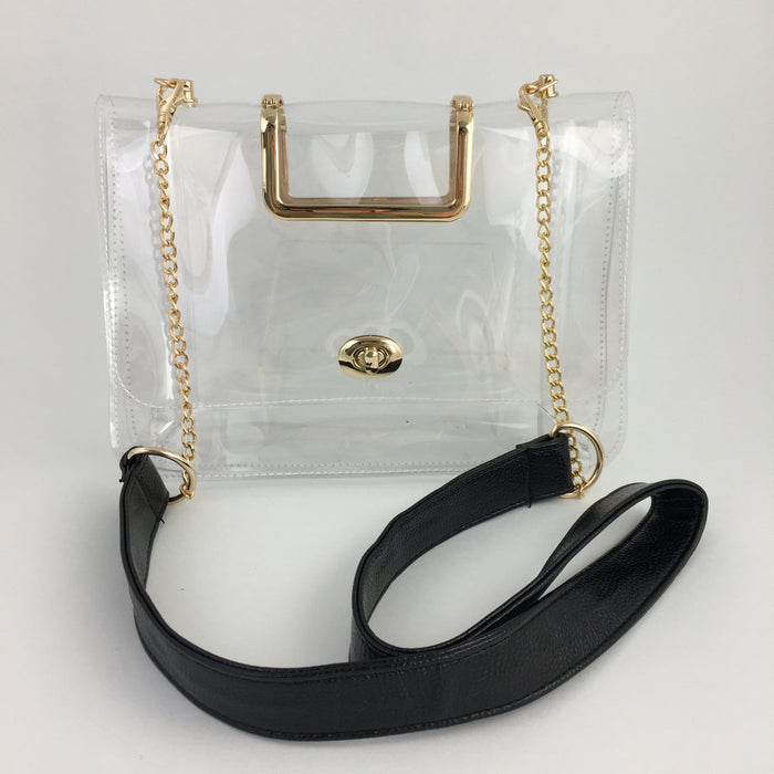 Gold Handle Black Strap Clear Purse