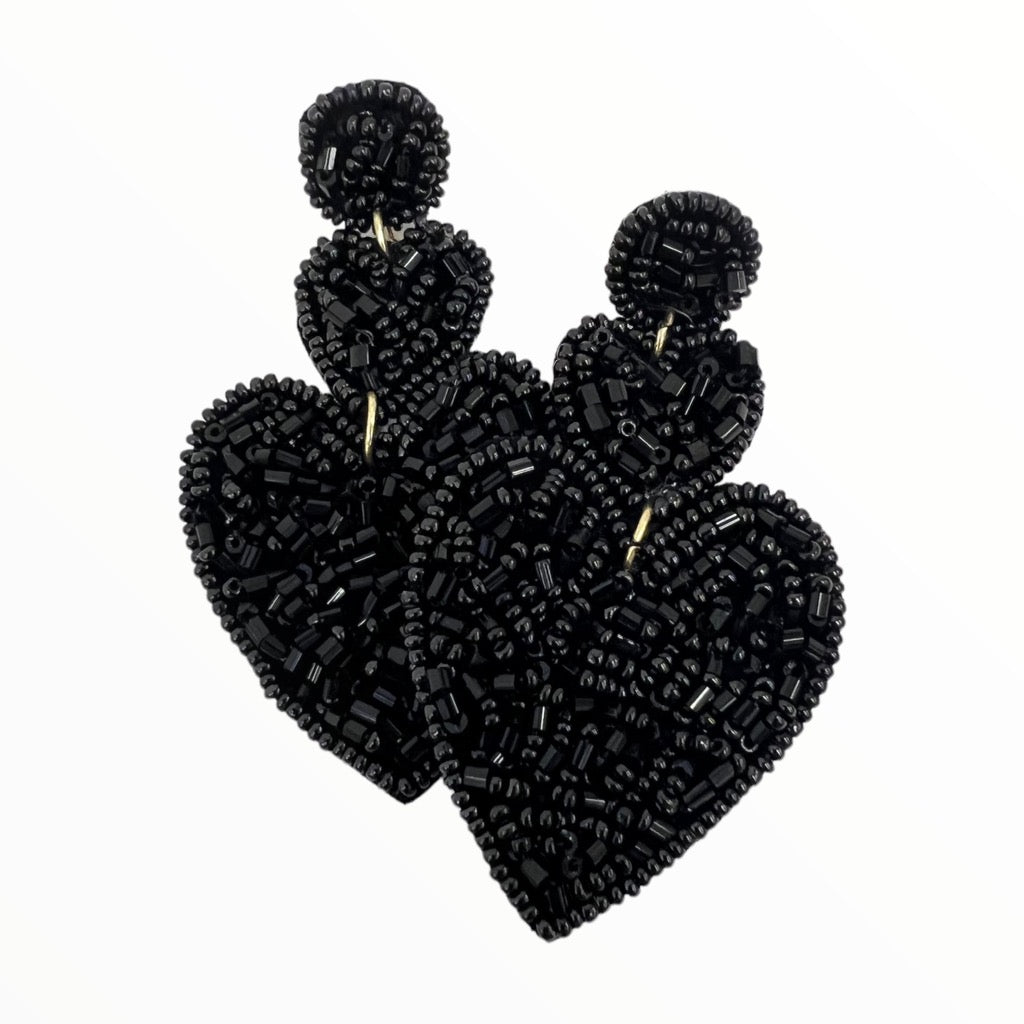 Black Heart Beaded Dangle Earrings